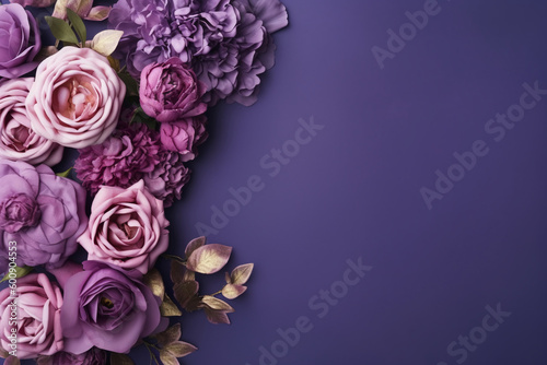 Peonies, roses on purple background with copy space. Abstract natural floral frame layout with text space. Romantic feminine composition. Wedding invitation. AI generative © SANGHYUN