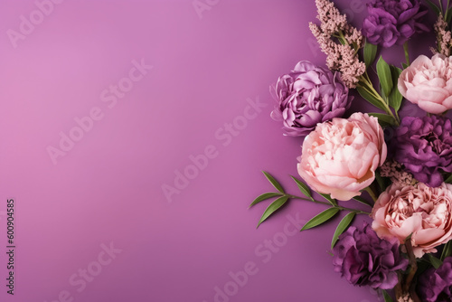 Wallpaper Mural Peonies, roses on purple background with copy space. Abstract natural floral frame layout with text space. Romantic feminine composition. Wedding invitation. AI generative Torontodigital.ca