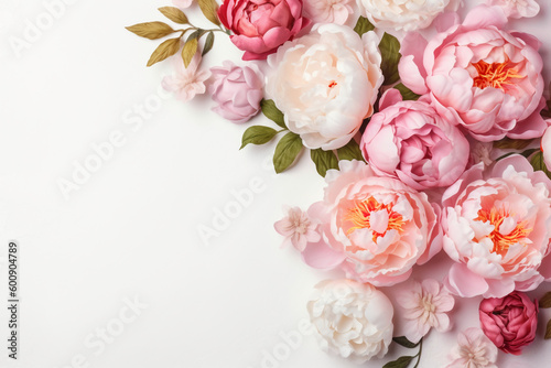 Peonies, roses on white background with copy space. Abstract natural floral frame layout with text space. Romantic feminine composition. Wedding invitation. AI generative © SANGHYUN