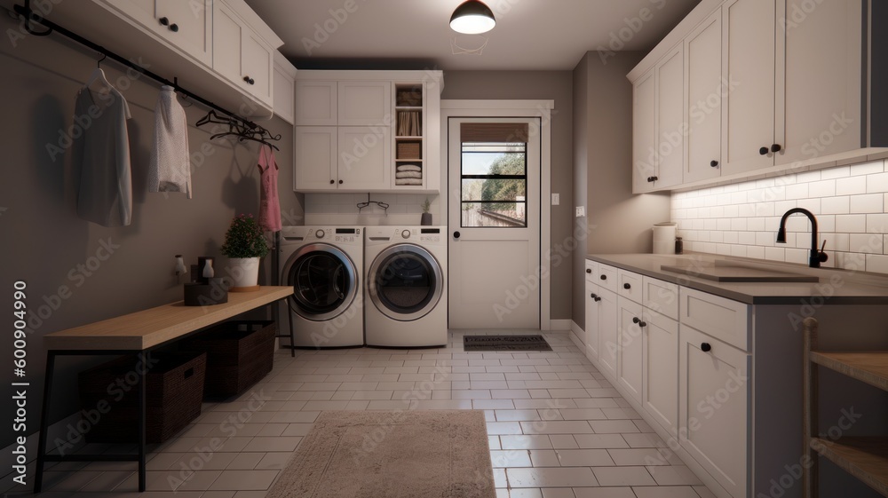 Interior of a real laundry room with a washing machine at the window at home Generative AI Interior of a real laundry room with a washing machine at the window at home Generative AI
