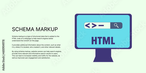 Schema Markup Banner on Light Background. Stylish SEO Banner with Black Text and Monitor Icon for Business and Marketing