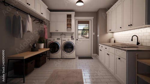 Interior of a real laundry room with a washing machine at the window at home Generative AI