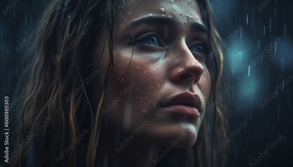 A pretty lady looking at the rainy sky with a melancholy expression on her face, hope and faith ai, ai generative, illustration A pretty lady looking at the rainy sky with a melancholy expression on her face, hope and faith ai, ai generative, illustration