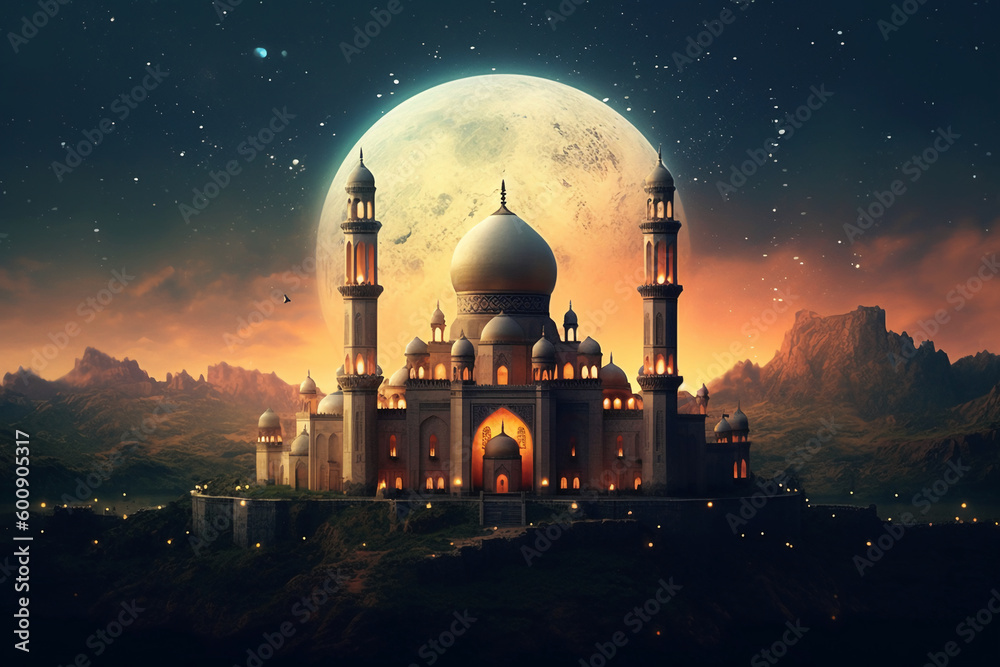 The mosque, Kareem lantern, Blurred star in night sky background, Eid al adha concept. AI generative