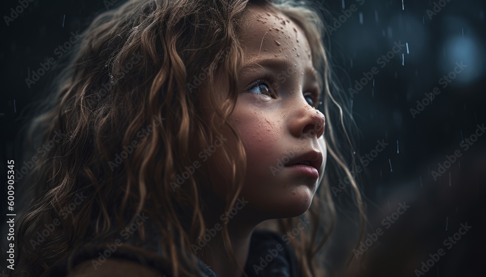 A pretty girl looking at the rainy sky with a melancholy expression on her face, hope and faith ai, ai generative, illustration