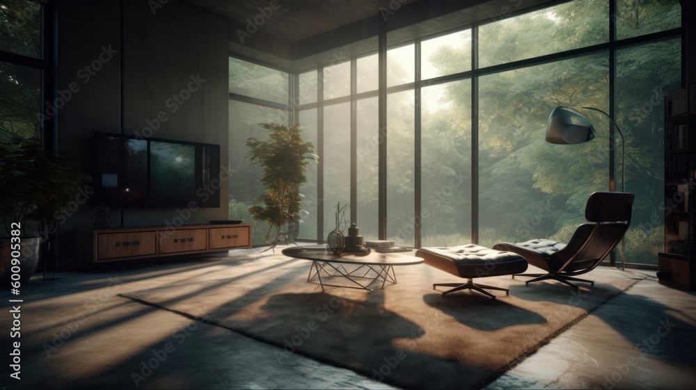 Large living room with stunning sunset views and large glass windows in a new luxury home Generative AI