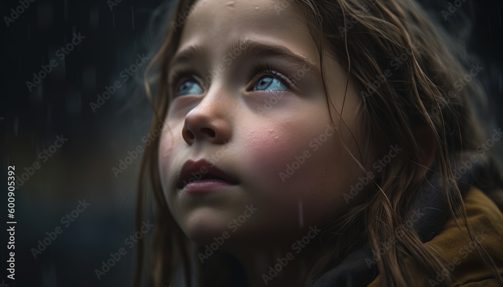A pretty girl looking at the rainy sky with a melancholy expression on her face, hope and faith ai, ai generative, illustration