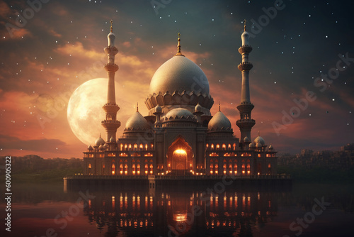 The mosque, Kareem lantern, Blurred star in night sky background, Eid al adha concept. AI generative