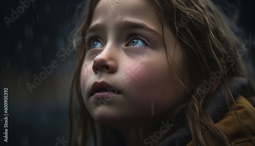 A pretty girl looking at the rainy sky with a melancholy expression on her face  hope and faith ai  ai generative  illustration