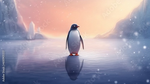 A curious penguin waddling on ice. AI generated photo