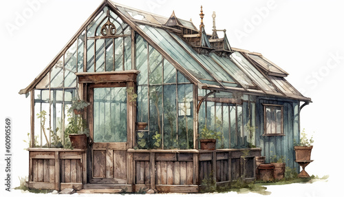 Beautiful watercolour illustration of a vintage, rustic wooden and glass greenhouse. Project for postcards and envelopes. No 2.