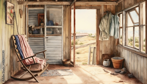Watercolour vintage illustrations of a tiny rustic house interior. Shepherds hut. Greeting cards and envelopes project.