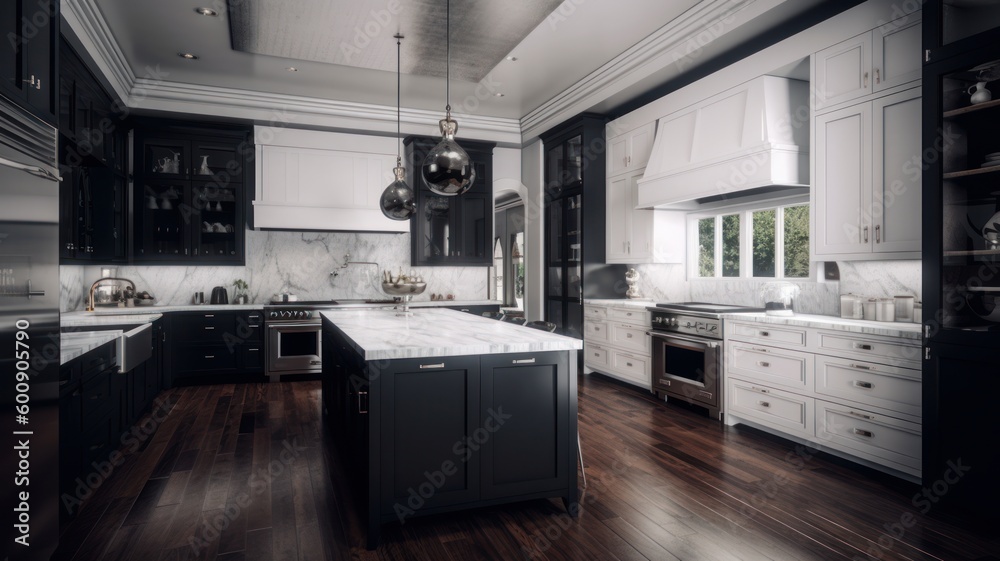 Luxury kitchen dark wood and marble, beautiful modern kitchen with dark wood fronts and marble floors and countertops Generative AI
