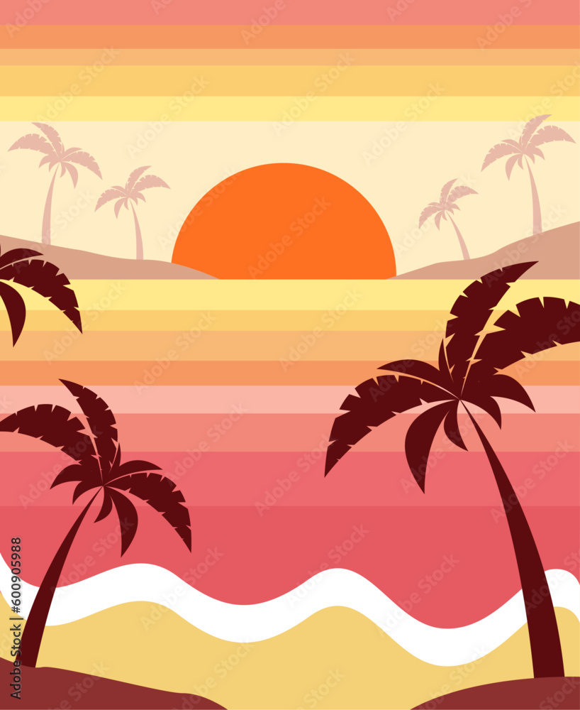Vector sunset illustration with palm tree silhouette, beach art
