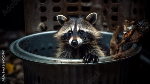 A curious raccoon poking around a trash can. AI generated