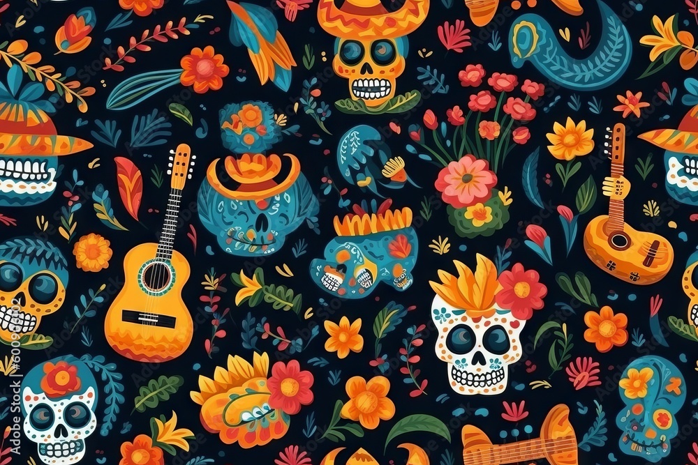 Mexican Day of Dead Seamless Pattern Concept, Generative AI Mexican Day of Dead Seamless Pattern Concept, Generative AI