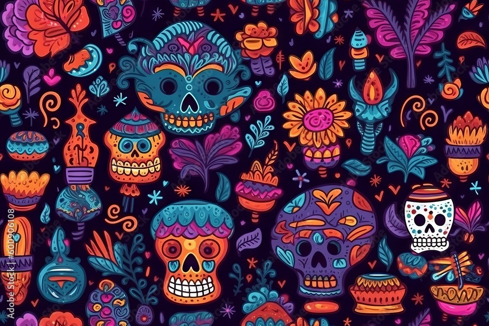Mexican Day of Dead Seamless Pattern Concept, Generative AI