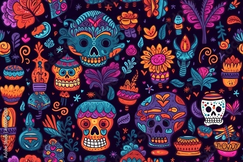 Mexican Day of Dead Seamless Pattern Concept, Generative AI