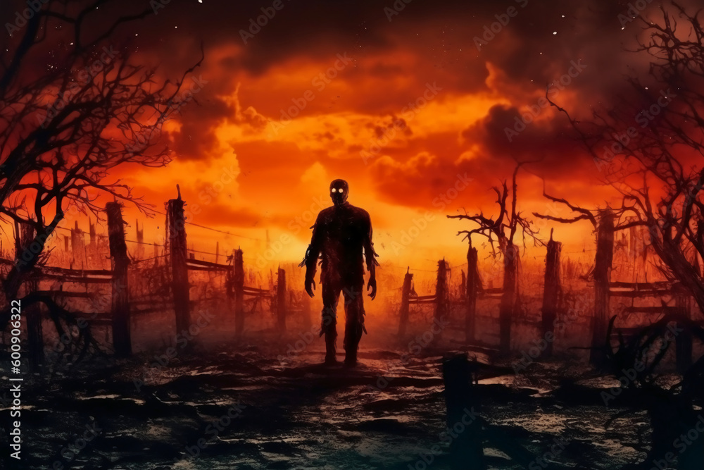 Zombie walking in the burnt cemetery with burning sky. AI generative