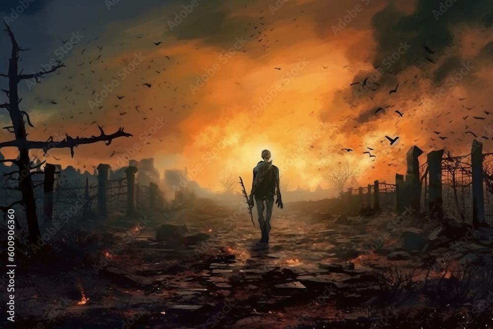 Fototapeta premium Zombie walking in the burnt cemetery with burning sky. AI generative