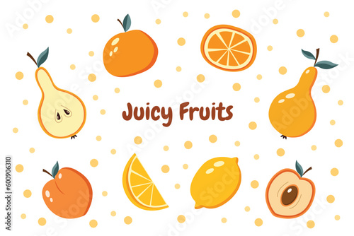 Vector juicy fruits collection with oranges, lemons, pears and peaches, sliced summer fruits isolated on white in cartoon style