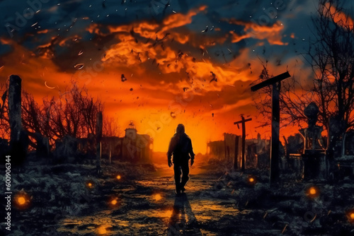 Zombie walking in the burnt cemetery with burning sky. AI generative