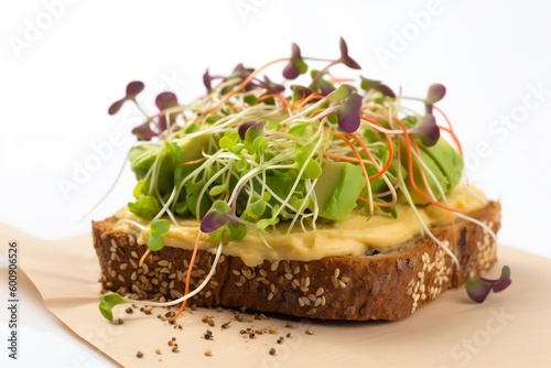 Whole grain toast with avocado, hummus, seeds and microgreen pea sprouts. AI Generative Illustrations