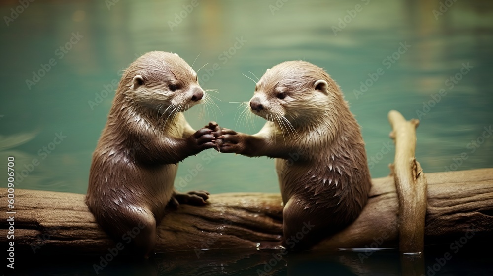Obraz premium A cute otter holding hands with its mate. AI generated