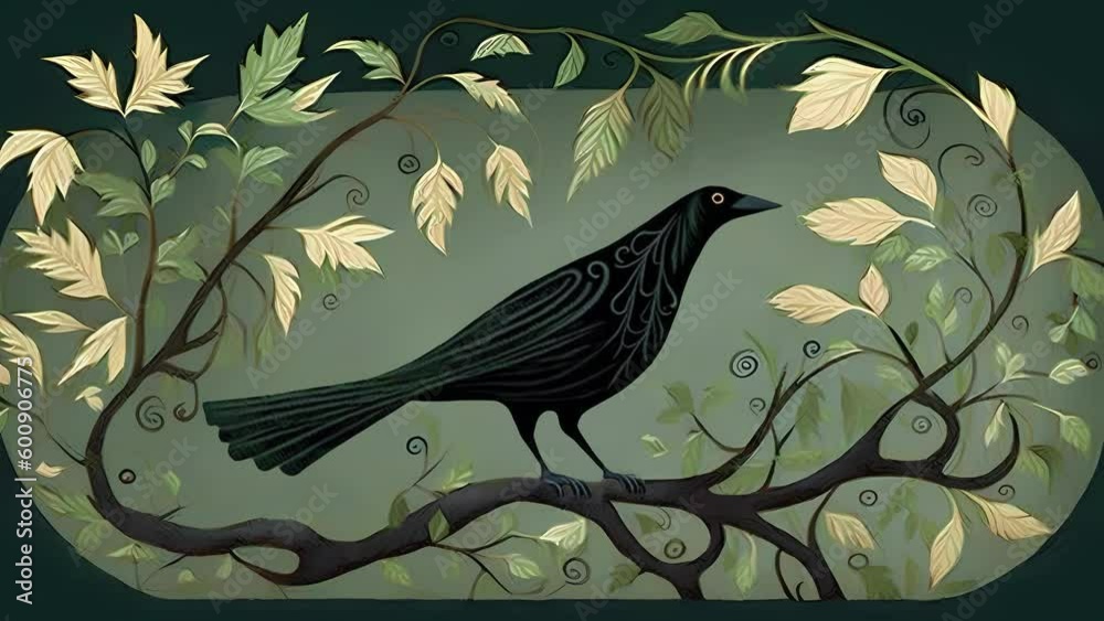 Hopping Grackle on a Branch. Curious Black Bird Jumping Back and Forth