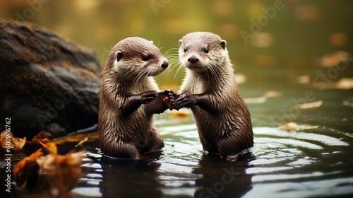 A cute otter holding hands with its mate. AI generated photo