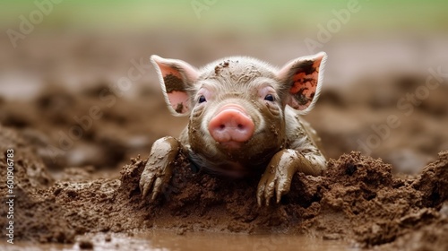 A cute piglet rolling in mud. AI generated © ArtStage