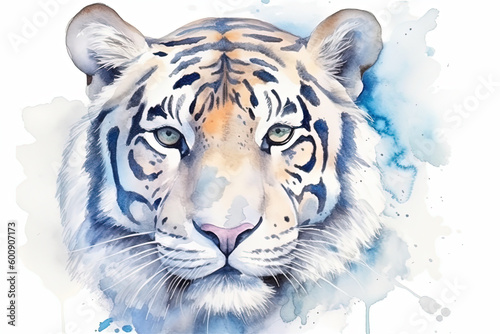 Generative AI. Watercolor portrait realistic blue tiger isolated on white background