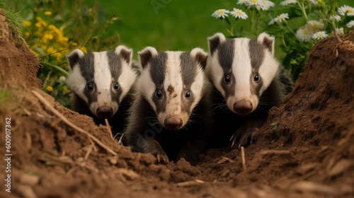 A family of badgers digging in the ground. AI generated © ArtStage