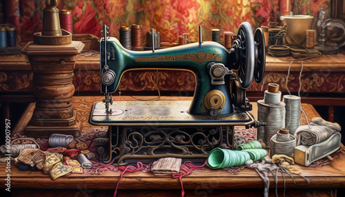 Watercolour artistic illustration of an old vintage sewing machine. Greeting card project artwork.