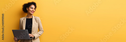 Young business woman with laptop, AI generated, banner Generative AI