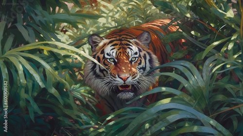 A fierce tiger stalking through the jungle. AI generated