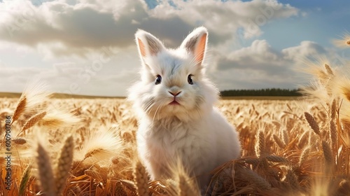 A fluffy bunny binkying across a field. AI generated photo