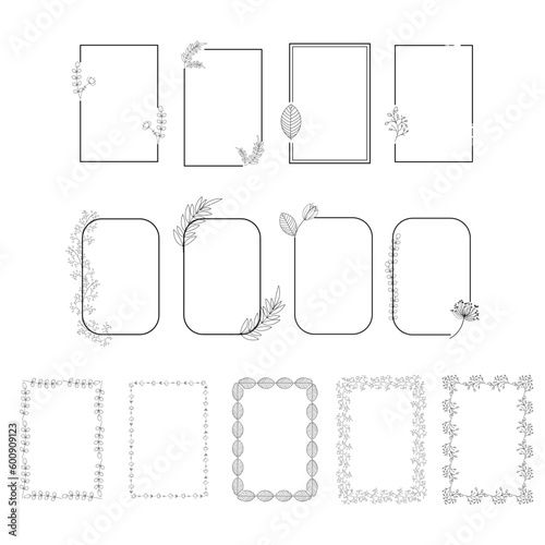 Frames with flowers and leaves isolated. Hand-drawn wedding ornaments, wreaths for logo, text, card, and invitation. Collection of rectangular floral wreaths with branches and leaves.