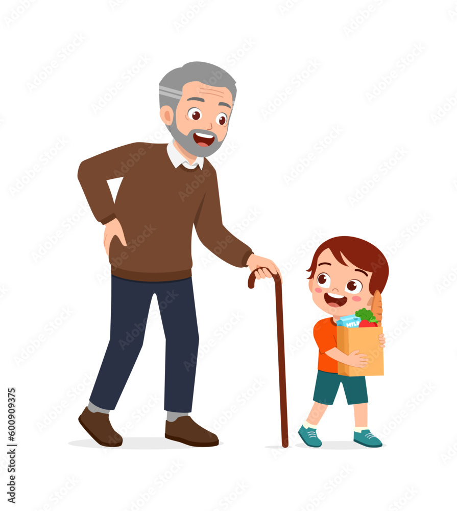 little kid helping eldery to bring grocery little kid helping eldery to bring grocery