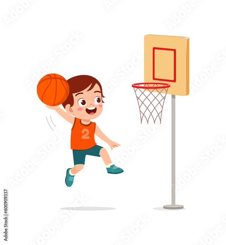 little kid play basketball and feel happy