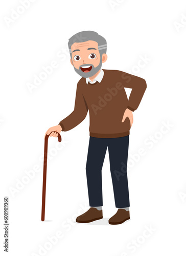 old man using walking cane and feel happy
