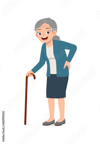 old man using walking cane and feel happy