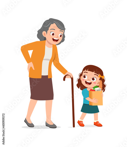 little kid helping eldery to bring grocery