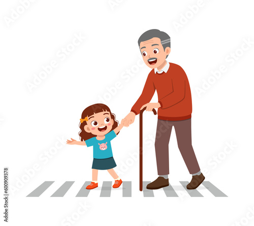 little kid helping eldery to cross the road