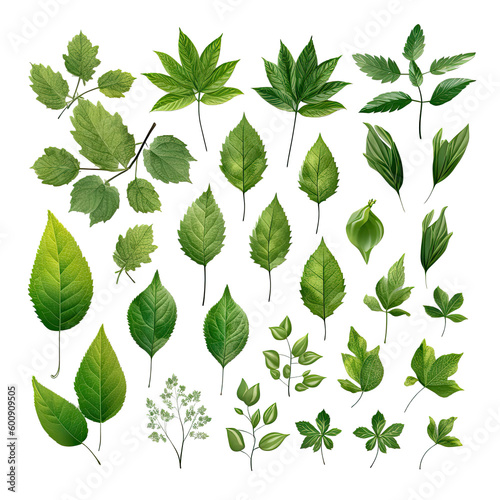 A set of green leaves on a transparent background. AI generativ. 