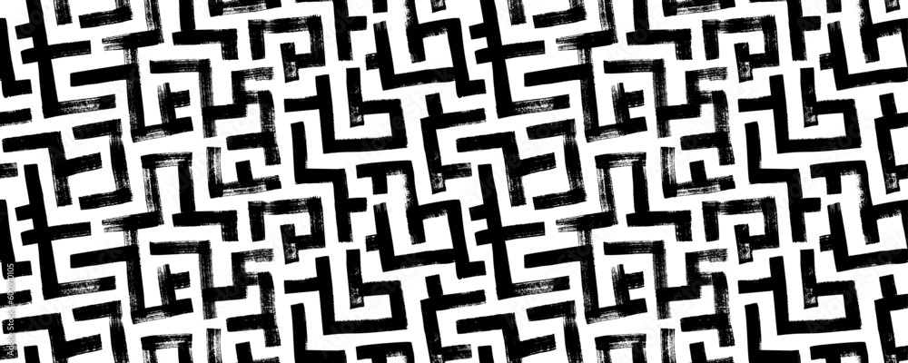 Geometric maze seamless pattern. Brush drawn black scribbles. Abstract maze geometric vector background. Irregular labyrinth pattern. Aztec or African textile print design. Geometric maze seamless pattern. Brush drawn black scribbles. Abstract maze geometric vector background. Irregular labyrinth pattern. Aztec or African textile print design.