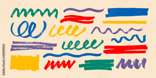 Collection color text marker stripes, curved lines and various shapes. Bright color marker strokes and design elements. Abstract grunge vector lines, brush strokes. Hand drawn collection of doodles.