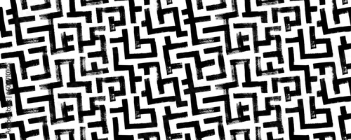Geometric maze seamless pattern. Brush drawn black scribbles. Abstract maze geometric vector background. Irregular labyrinth pattern. Aztec or African textile print design. 
