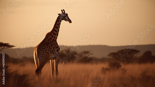 Immerse yourself in the captivating presence of a lone giraffe amidst the golden hour of the savannah, a harmonious blend of colors that creates a mesmerizing tapestry of nature's artistry.