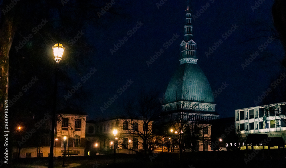 
night postcard of Turin with the Mole Antoneilana in the background under a cold clear sky 2